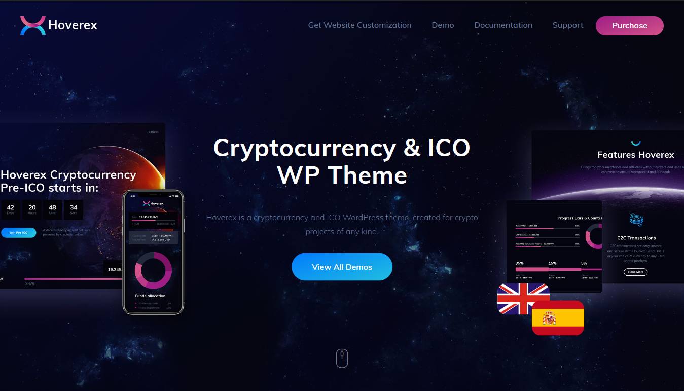 Hoverex | Cryptocurrency, NFT & ICO WordPress Theme + Spanish