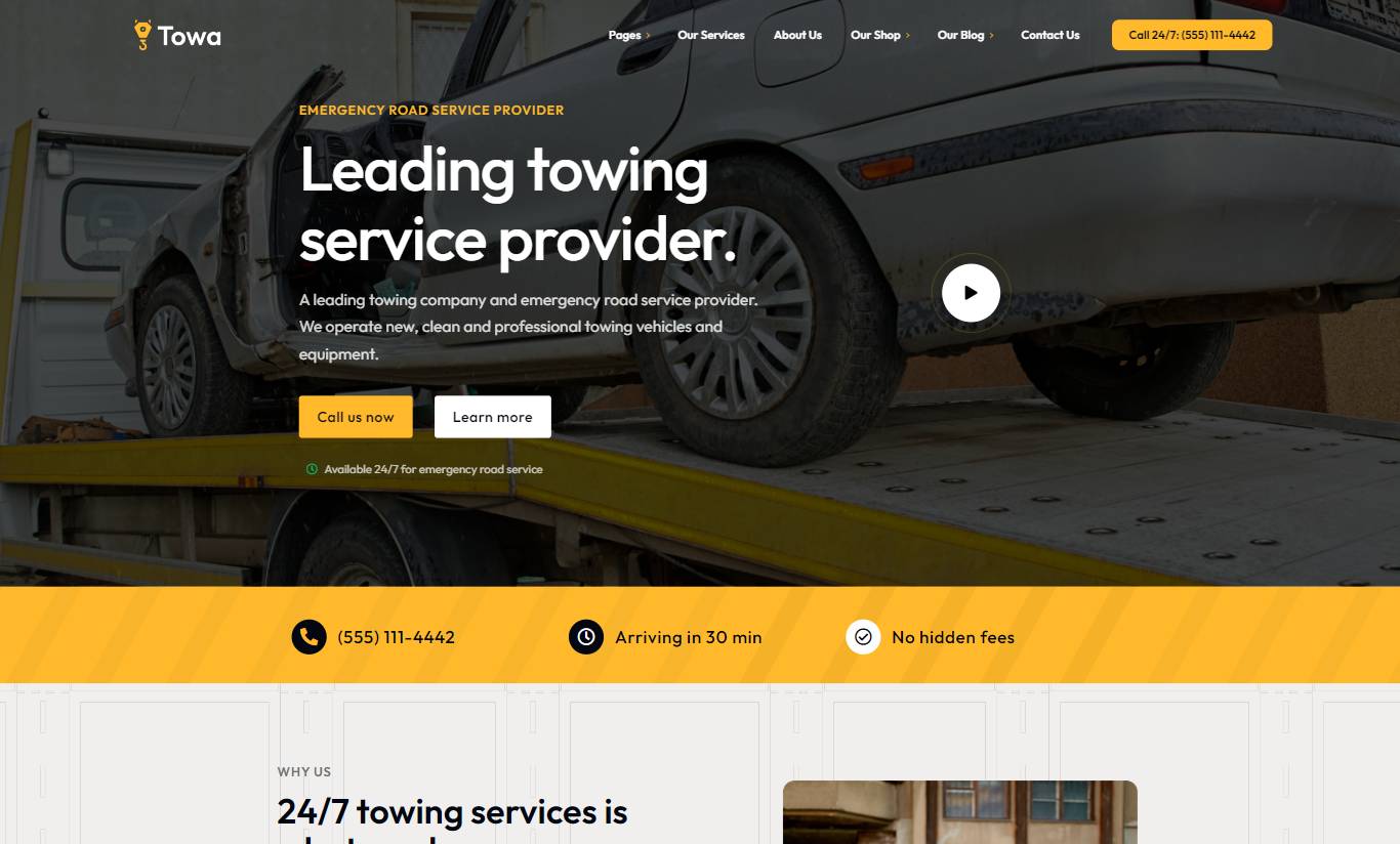 Towa - Emergency Auto Towing & Roadside Assistance Service WordPress Theme